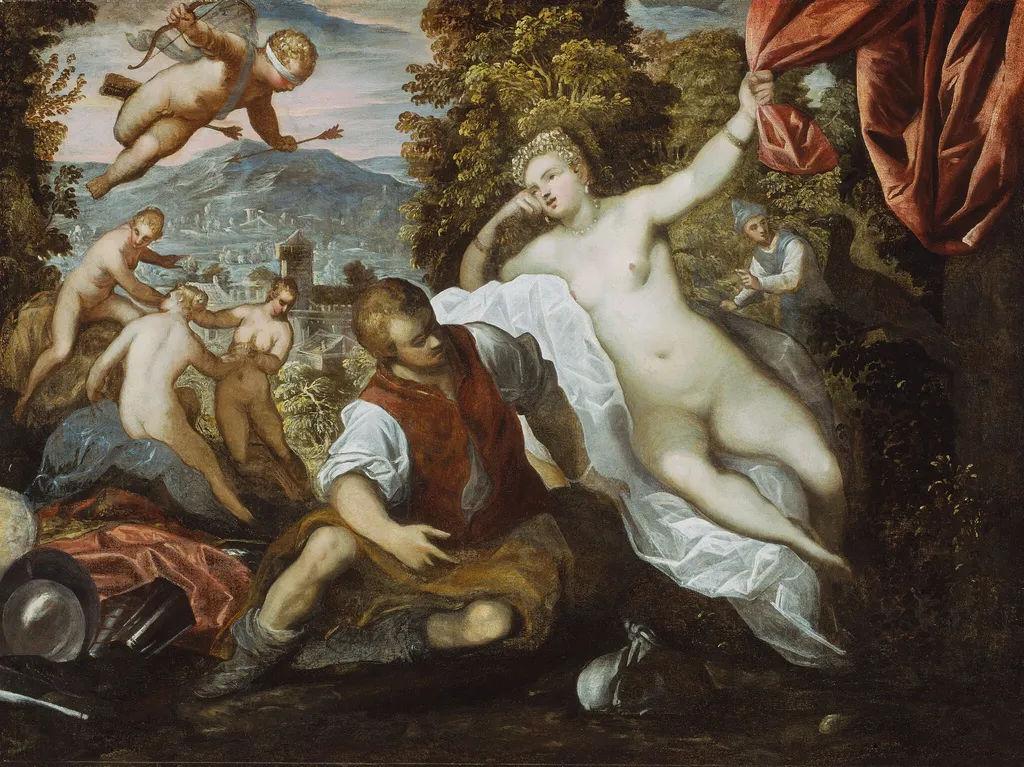 Venus and Mars with Cupid and the Three Graces in a Landscape, by Domenico Tintoretto, oil, 1590