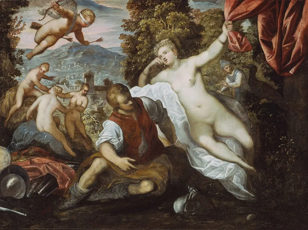 Venus and Mars with Cupid and the Three Graces in a Landscape, by Domenico Tintoretto
