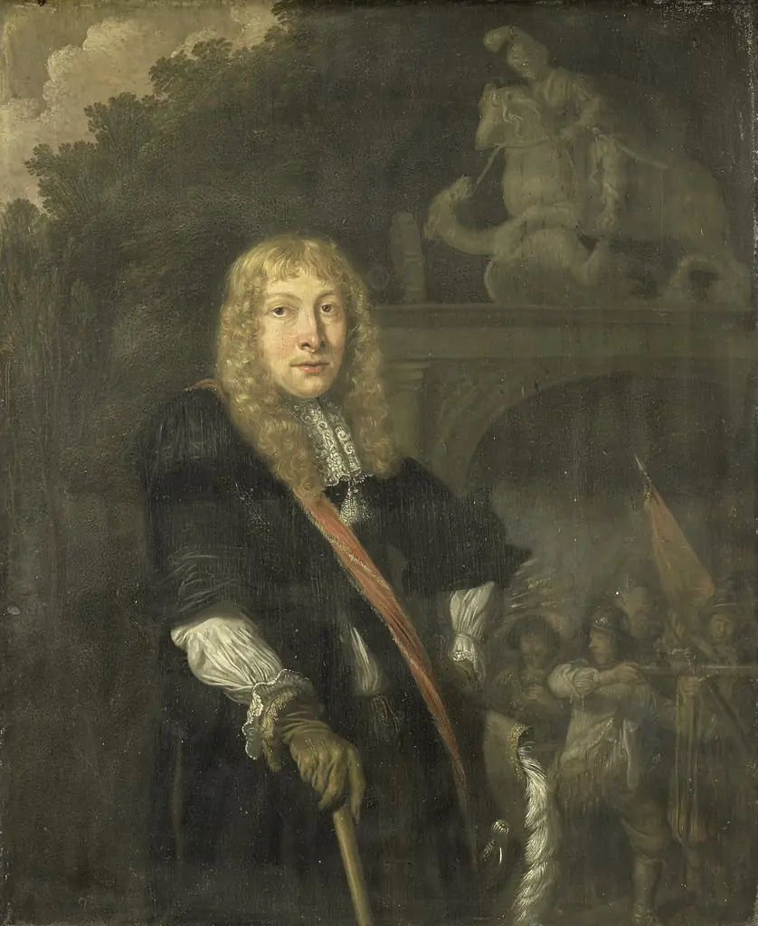 Portrait of an officer of the Leiden civic guard in front of the gate of the headquarters of the St. George guards, by Domenicus van Tol