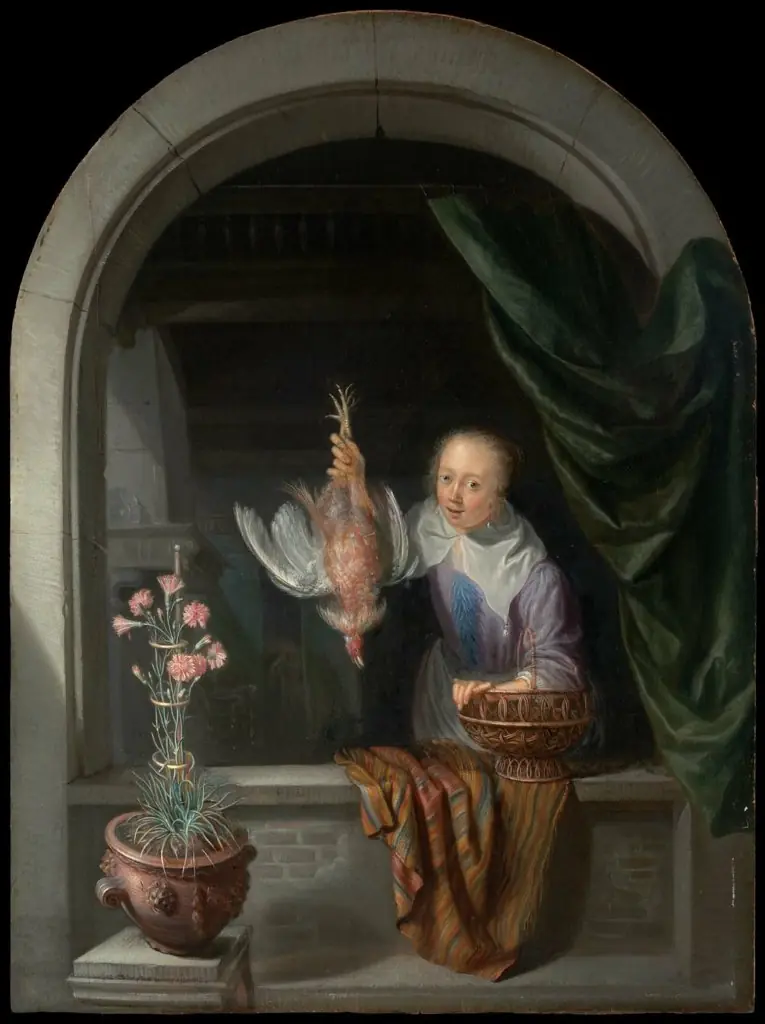 Woman in a Window, Holding a Dead Fowl, by Domenicus van Tol