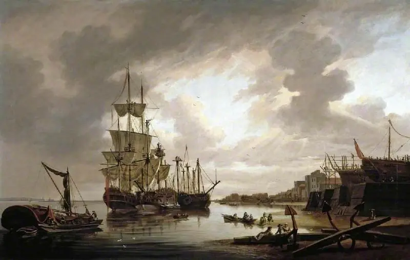 British men-of-war at anchor in Blackwall Reach, by Dominic Serres