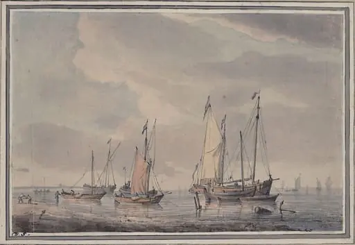 Seashore with fishing vessels at anchor, by Dominic Serres