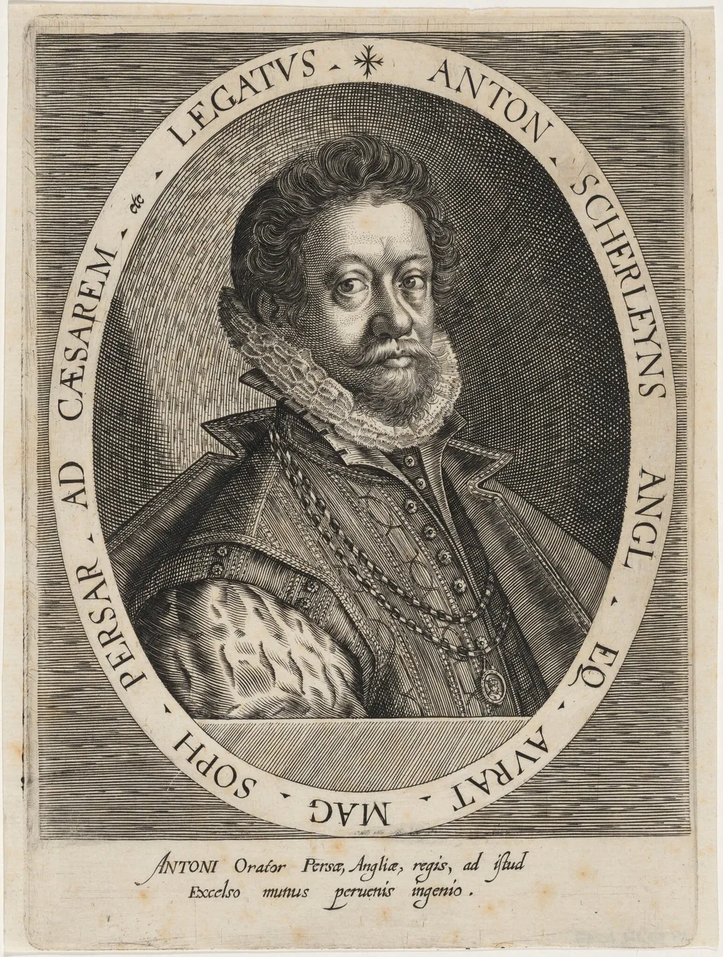 Sir Anthony Shirley, Traveler and Ambassador to Persia, by Dominicus Custos, ink, 1600