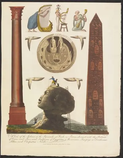 A view of the Sphinx at the Pyramids at Gizeh, a Patera, charged with the portraits of Osiris and Isis, and Sculptures of Egyptian Musicians, Pompey's or Dioclesian's Pillar, and Cleopatra's Needle, by Dominique Vivant Denon