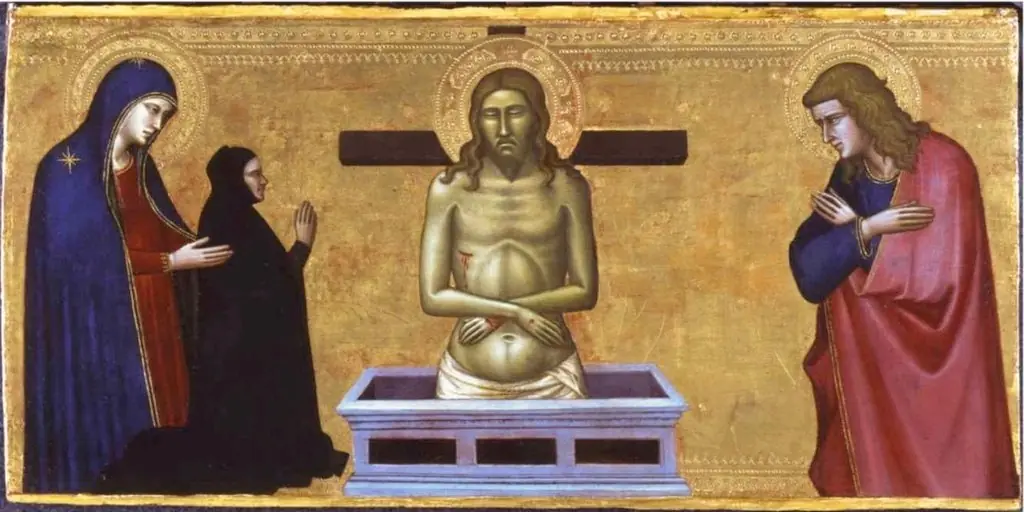 Man of Sorrows with the Virgin Mary, Saint John and a Donor, by Don Silvestro dei Gherarducci