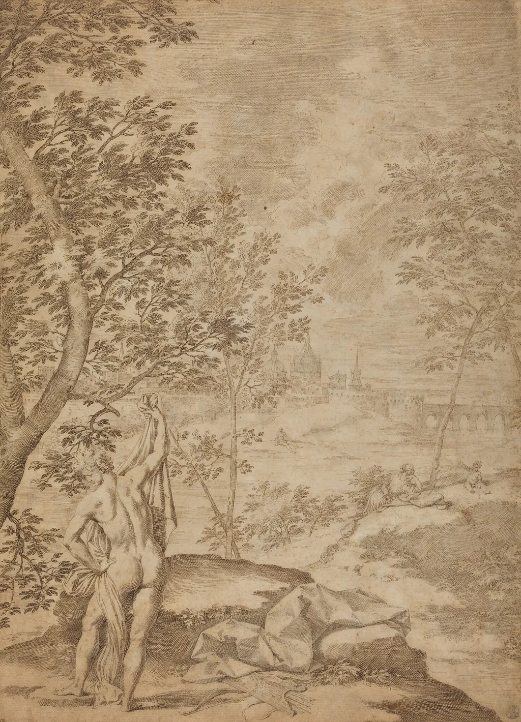 Apollo Standing in a River Landscape, by Donato Creti, ink, 1725