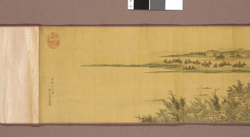 "Wioska w bambusach i łowiący pustelnicy" - pejzaż, by Dong Bangda, unspecified, 1744