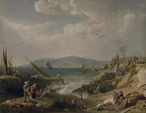 Fishermen and boats near Edgecumbe, Cornwall, by Dorrell
