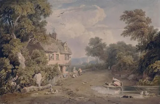 Landscape with cottage and figures, by Dorrell