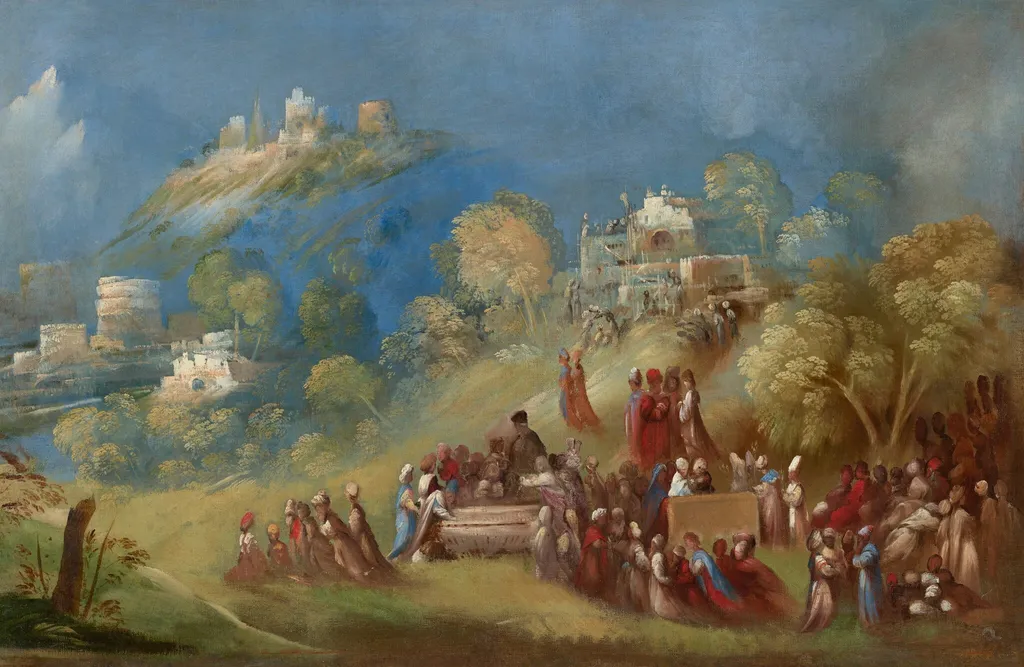 The Trojans Building the Temple to Venus and Making Offerings at Anchises's Grave in Sicily, by Dosso Dossi, oil, 1520