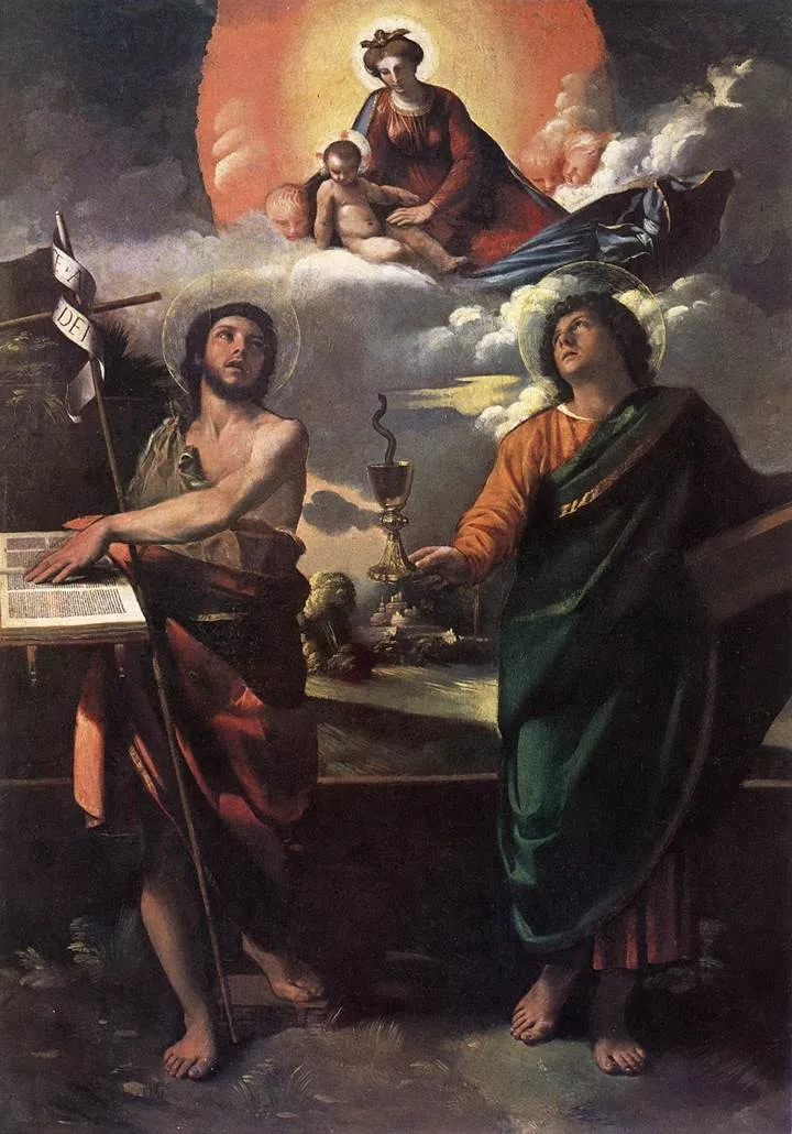 The Virgin Appearing to Sts John the Baptist and John the Evangelist, by Dosso Dossi, oil, 1510