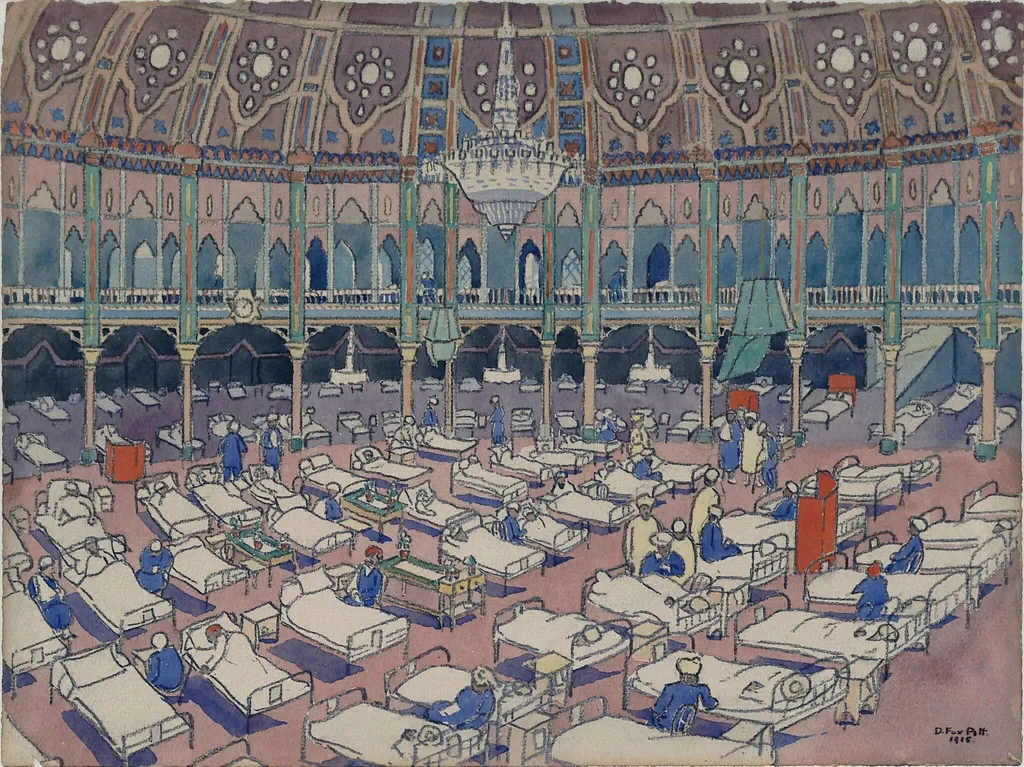 View of the Dome, Brighton Pavilion, in use as a hospital for Indian soldiers during the Great War, by Douglas Fox Pitt, watercolor, 1915