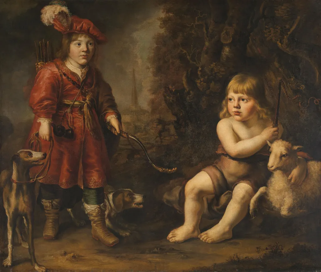 Portraits of two Boys in a Landscape, one dressed as a Hunter, the other St as John the Baptist, by Douwe Juwes de Dowe, unspecified, 1647