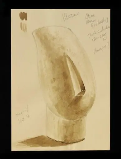 Sketchbook of 28 leaves of yellow wove paper, 29  pages blank, ring bound with stiff card covers,  containing designs for jewellery, necklaces, bracelets, rings, candlesticks, pendants, cigarette cases, spoons, an evening bag, a drawing of an arab's head after  Delacroix, sketches of cycladic sculpture, a mosque in  Iran, an Etruscan bronze vessel, an Etruscan warrior  and two sketches of a rocky headland, Capri [?].