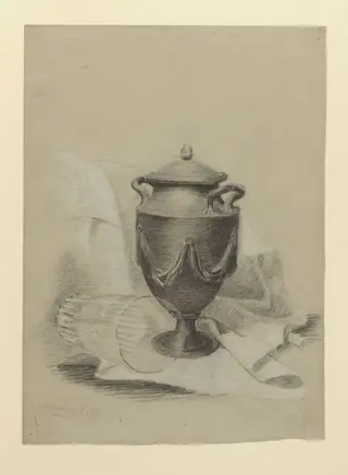 Drawing of a swagged urn (black basalt ware) and a glass tumbler
