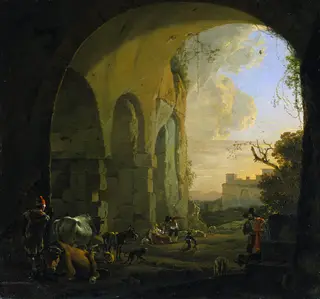 Drovers with cattle under an arch of the Colosseum in Rome, by Jan Asselijn