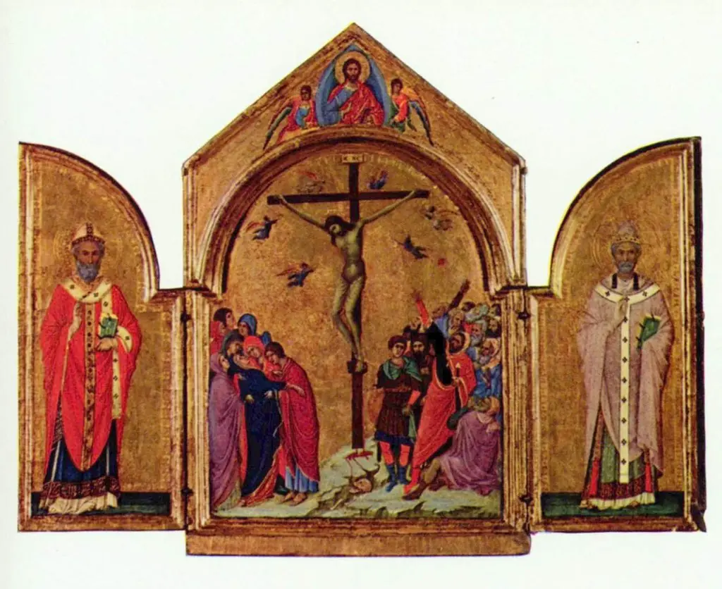 Triptych: the Crucifixion; the Redeemer with Angels; Saint Nicholas; Saint Gregory, by Duccio di Buoninsegna