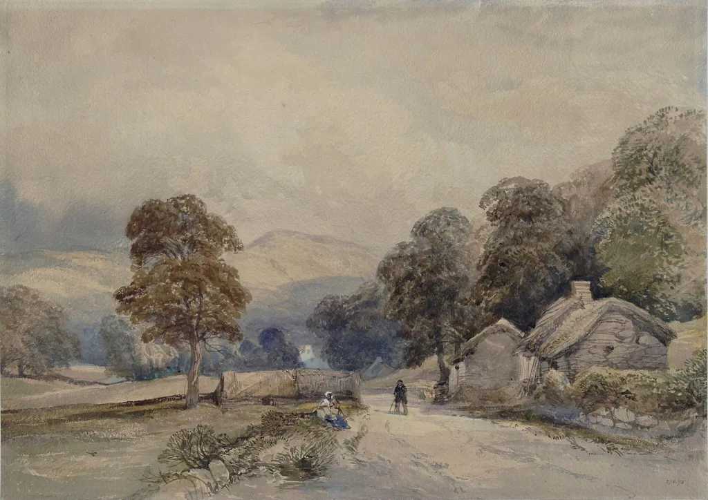 Landscape with trees and mountains, by Duffield, watercolor, 1820
