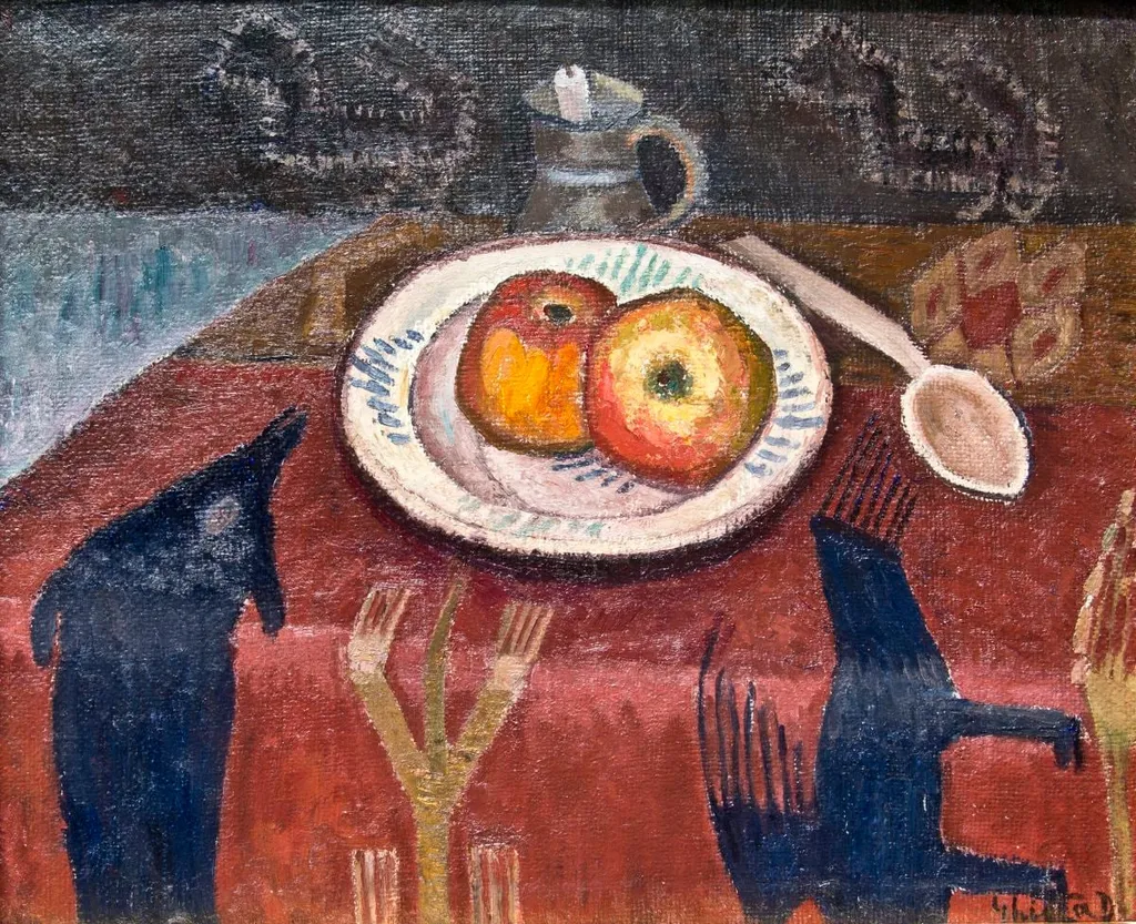 Farfurie cu mere și lingură de lemn, by Dumitru Ghiață, unspecified