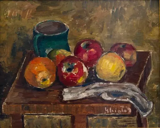 Natură statică cu cană și fructe, by Dumitru Ghiață