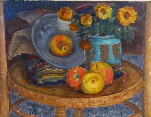 Natură statică (Masă rotundă cu fructe și flori), by Dumitru Ghiață