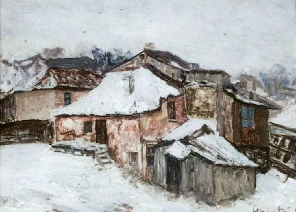 Peisaj de iarnă cu case, by Dumitru Ghiață, 1938