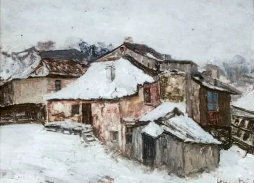 Peisaj de iarnă cu case, by Dumitru Ghiață