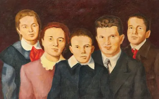 Tablou, ulei pe pânză, „Familia Ceaușescu”, nesemnat, atribuit lui Dumitru Rusu. Este prezentată familia Ceaușescu, de la stânga la dreapta, Zoia, Elena, Nicu, Nicolae, Valentin. Comandat și oferit de Comitetul Județean de Partid Suceava, 4 ianuarie 1979., by Dumitru Rusu