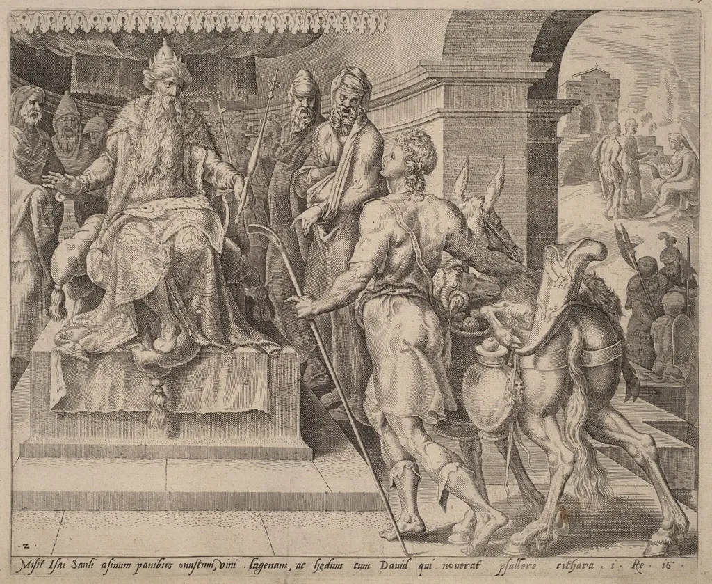 David Bringing Presents from His Father to Saul, by Dutch 16th Century, ink, 1556