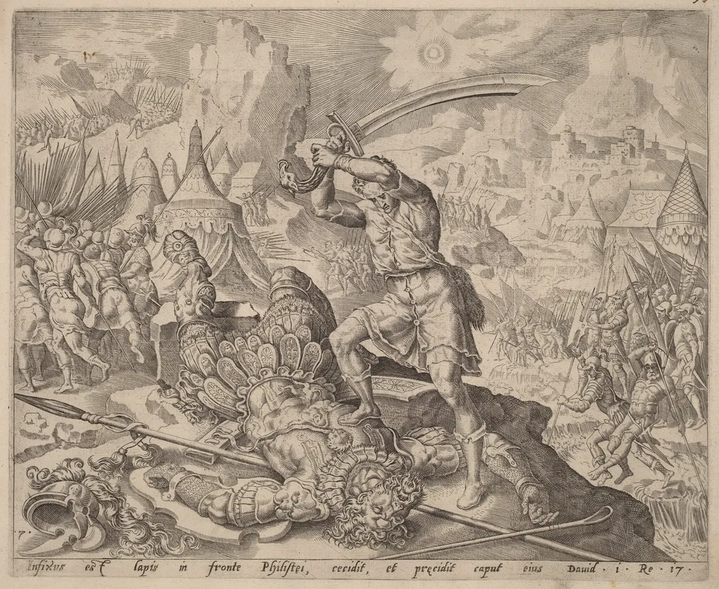 David Cutting Off Goliath's Head, by Dutch 16th Century, ink, 1556