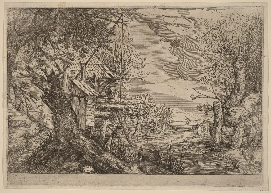 Landscape with Log House near a River, by Dutch 17th Century, ink, 1650