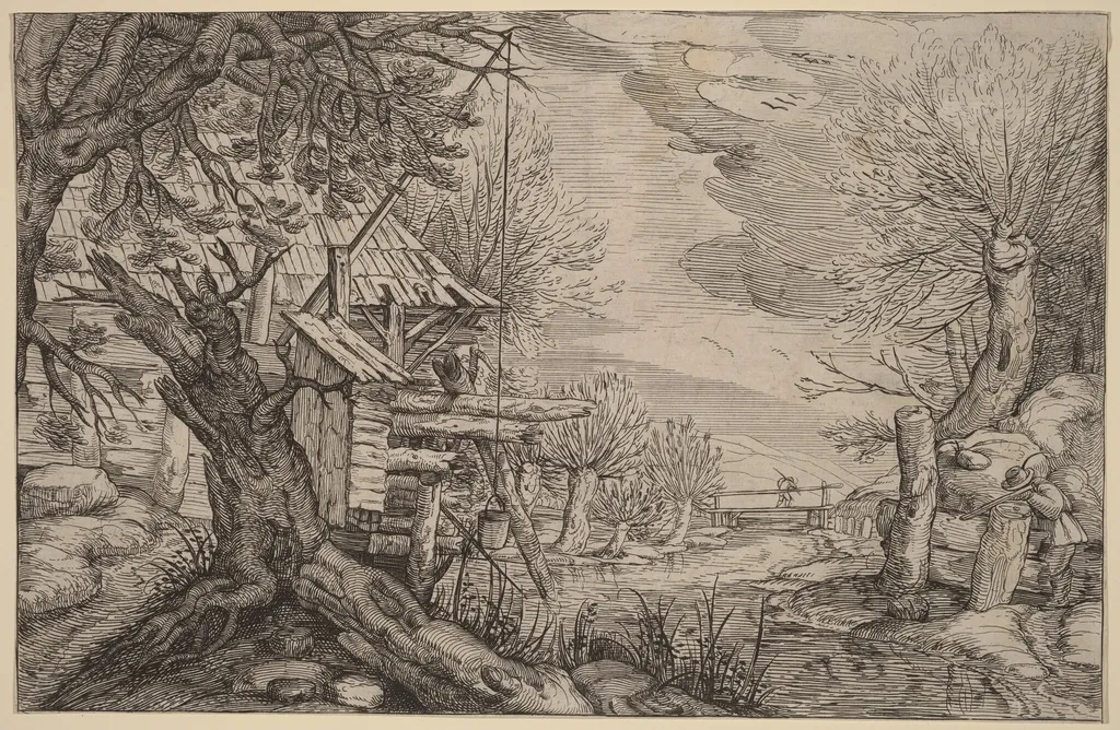 Landscape with Log House near a River, by Dutch 17th Century, ink, 1650