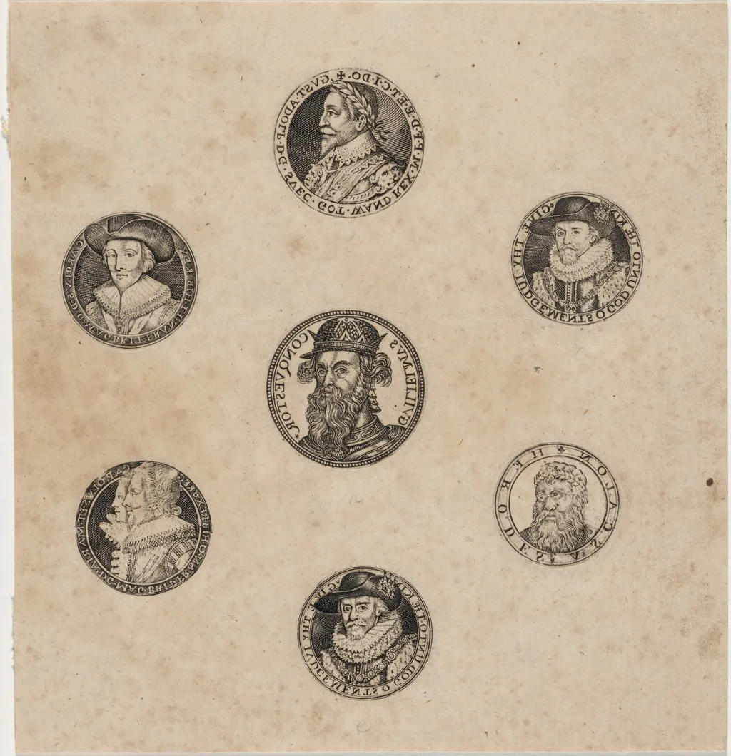 Sheet of Seven Roundels with Portraits, by Dutch 17th Century, ink, 1621