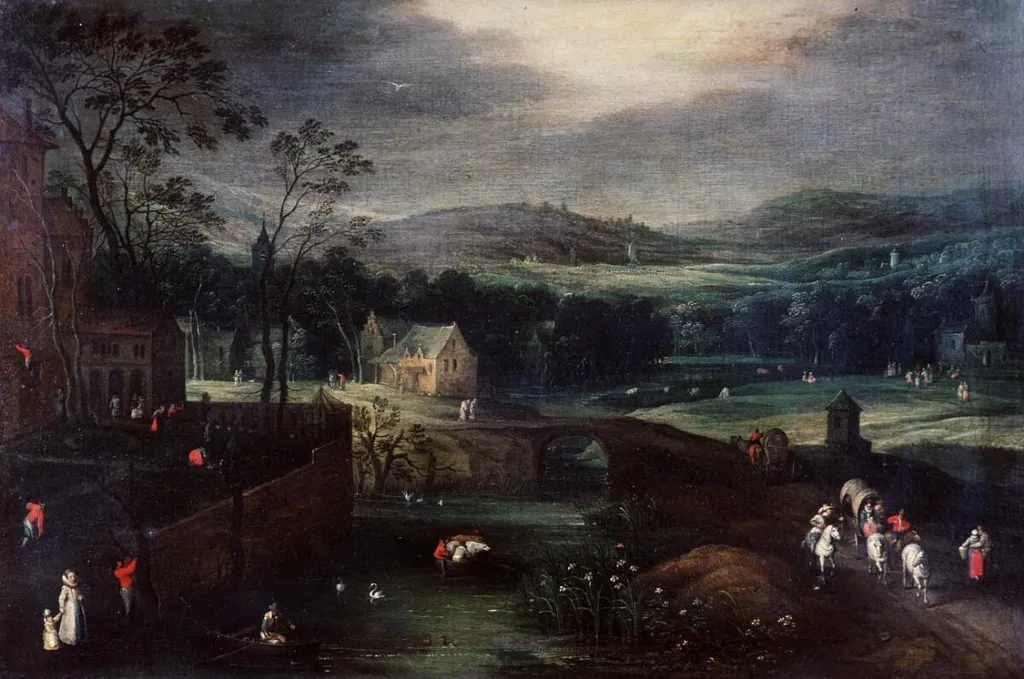 Townscape with extensive landscape, by Dutch School, oil, 1640