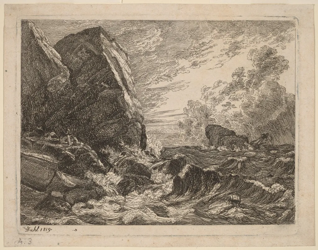 Norwegian Coast During a Storm, by Johan Christian Dahl, ink, 1819