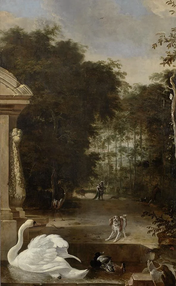 Vogelpark mit Schwan und Hund, detail