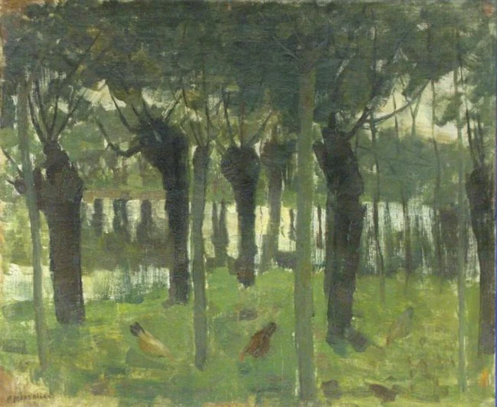Willow grove near the water with chickens, detail