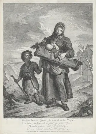 A Young Mother Carrying a Crib, by Jacques Dumont, ink, 1739