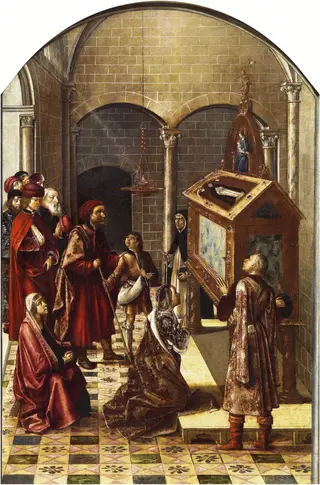 The Adoration of the Tomb of Saint Peter Martyr, by Pedro Berruguete, oil, 1497