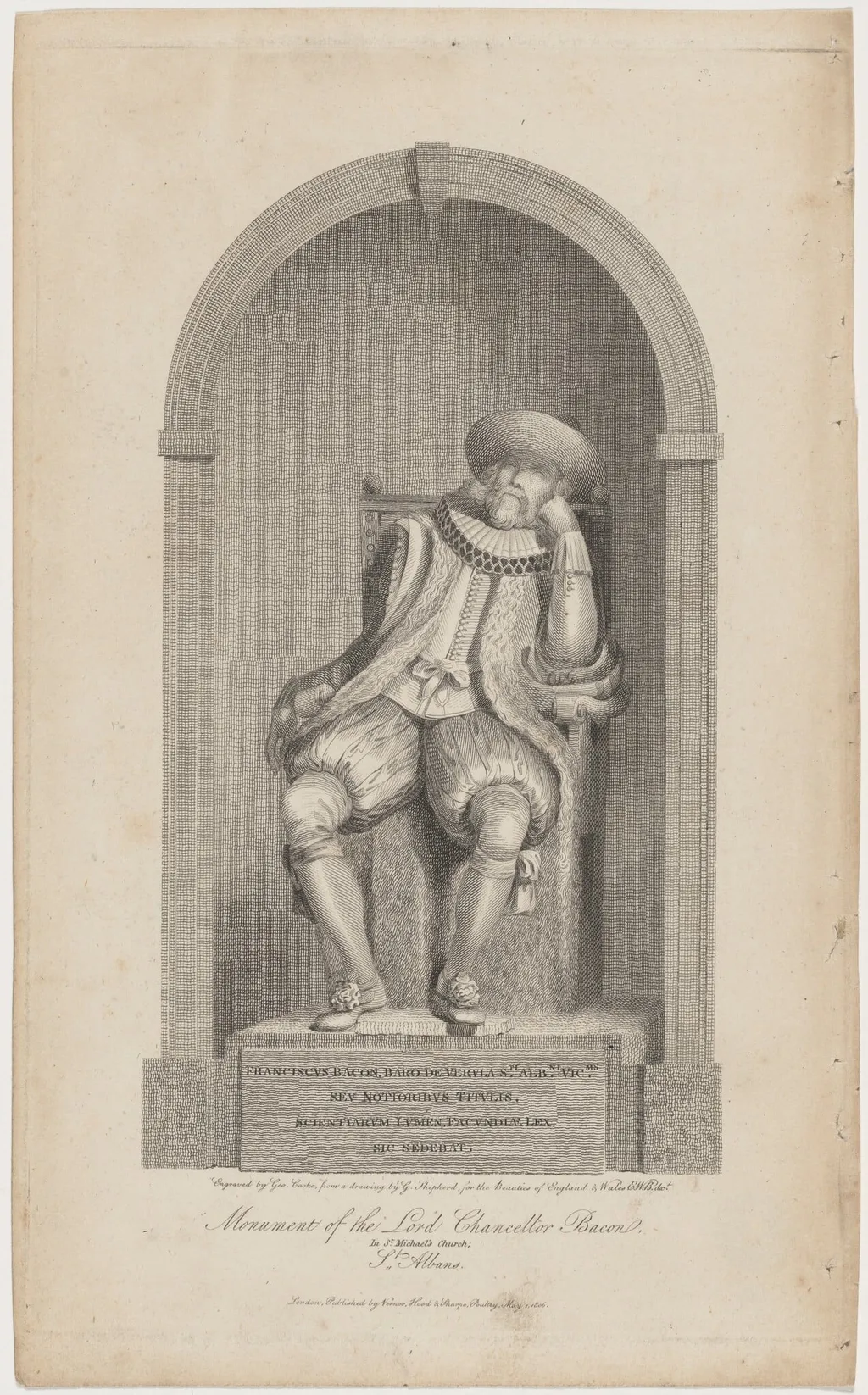 Monument of the Lord Chancellor Bacon, Saint Michael's Church, by George Cooke, ink, 1808