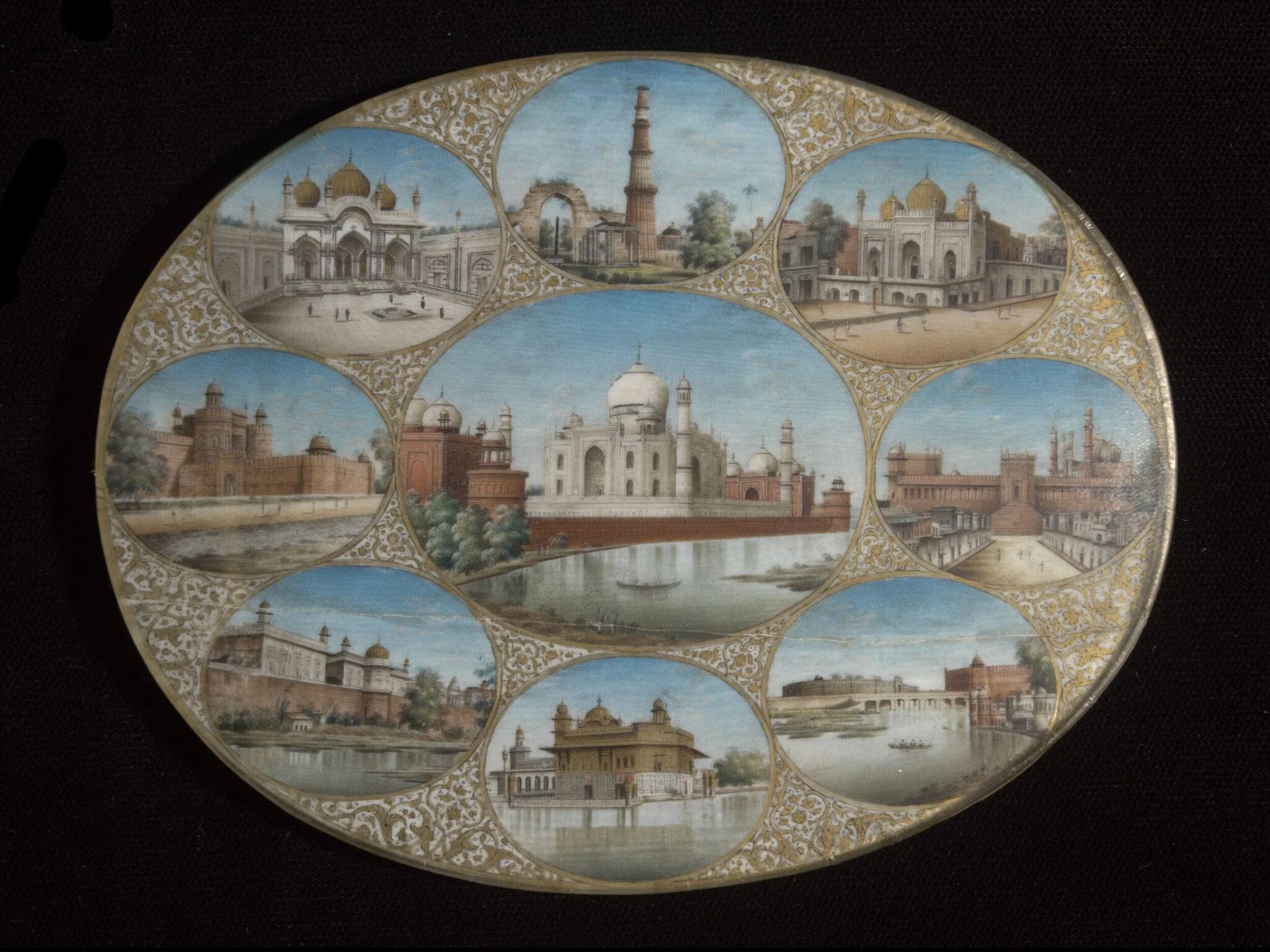 The Taj Mahal, Agra, in a gilt frame surrounded by eight smaller views., detail