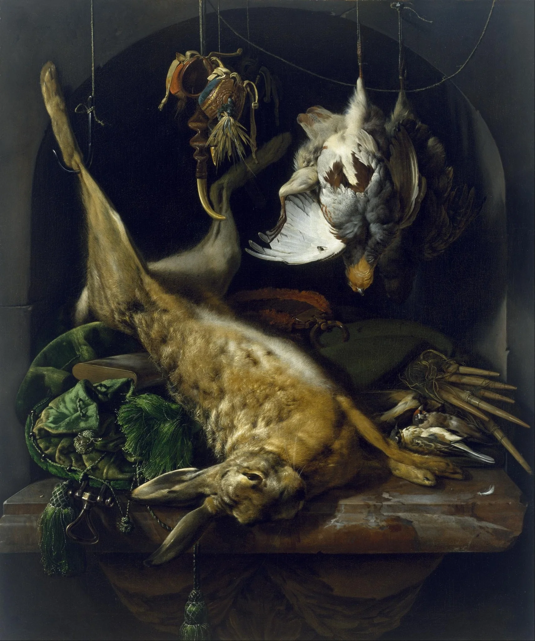 Still Life of a Dead Hare, Partridges, and Other Birds in a Niche, detail