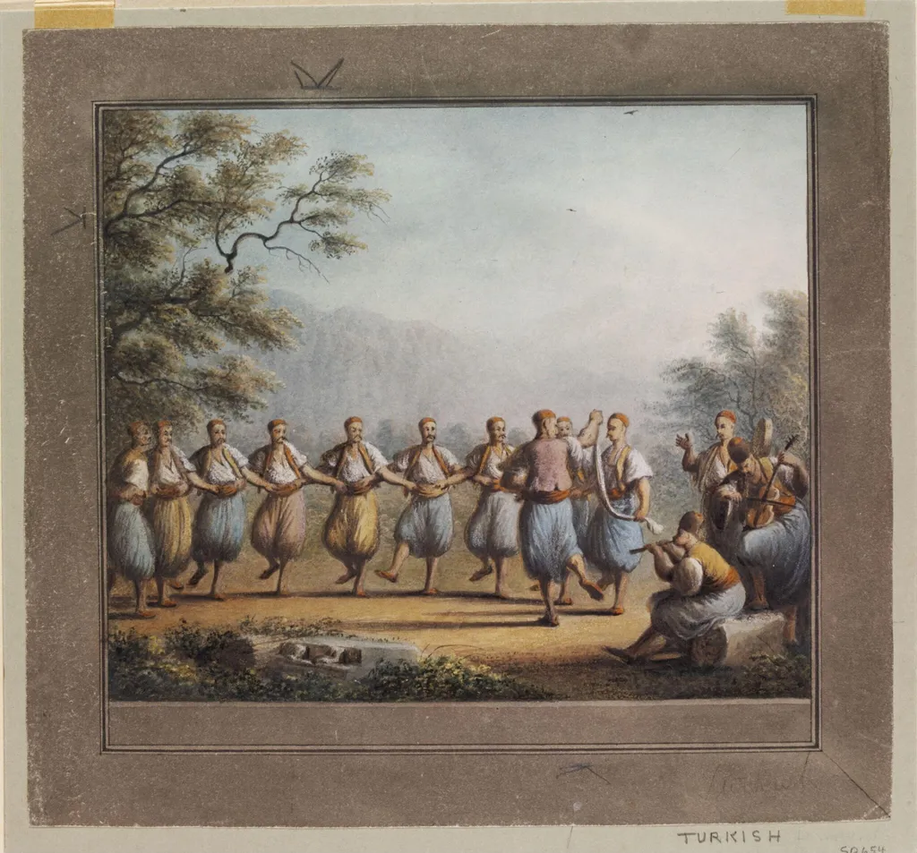 Dance of Peasants [possibly in Belgrade near Constantinople], by Luigi Mayer, watercolor, 1800
