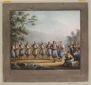 Dance of Peasants [possibly in Belgrade near Constantinople], by Luigi Mayer, watercolor, 1800