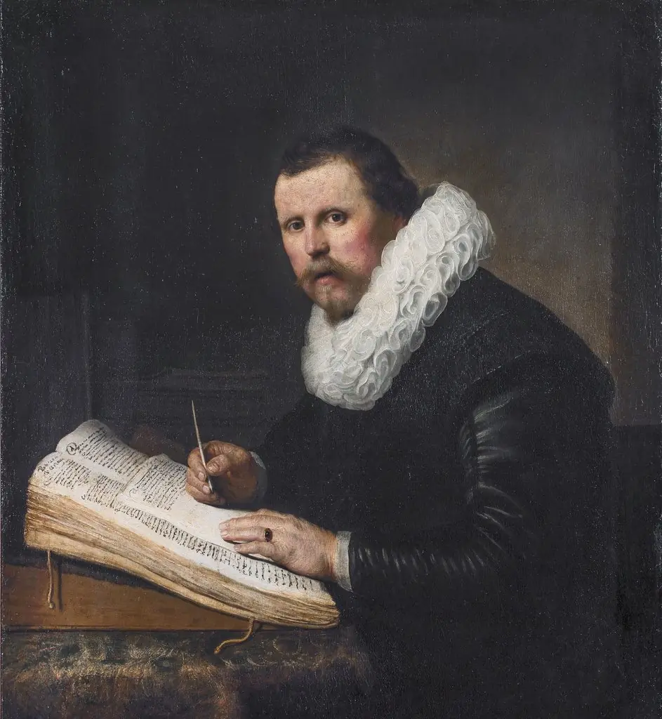 Portrait of a Man at a Writing Desk, possibly Jacob Bruyningh, by Rembrandt, oil, 1631