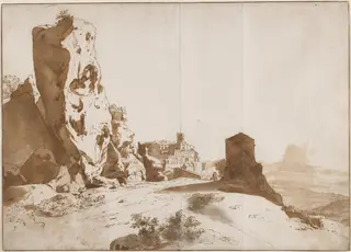 The Fantastic Rocks and Castle at Bomarzo [recto], by Bartholomeus Breenbergh, ink, 1625