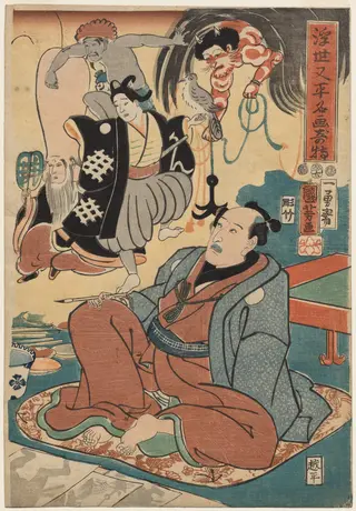 The Strange Occurrence of Ukiyo Matahei and his Famous Paintings, by Utagawa Kuniyoshi, 1853
