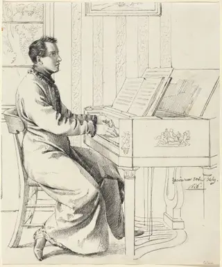 The Artist's Brother-in-Law, Ludwig Hassenpflug, Preparing to Play the Piano, by Ludwig Emil Grimm, ink, 1826