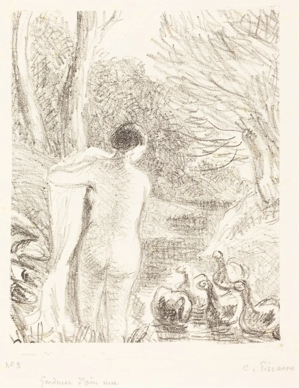 Gardeuse d'oies nue (Nude Goose Girl), by Camille Pissarro, ink, 1897