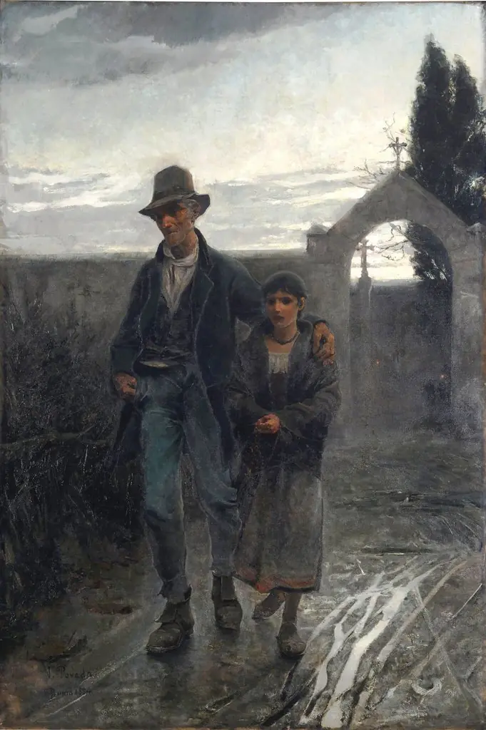 Viejo con niña o Valle de lágrimas o Día de difuntos, by Vicente Poveda y Juan, oil, 1892